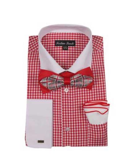 Mens New Years Outfit-Men's Checks Shirt Red French Cuff With White Collared Contrast High Fashion Bowtie And Handkerchief White Collar Two Toned Contrast