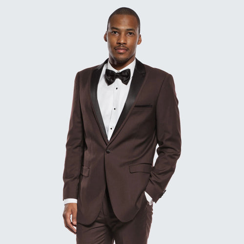 Mens Chocolate Brown Tuxedo with Black Satin Peak Lapel â€“ Formal Wedding and Prom Suit