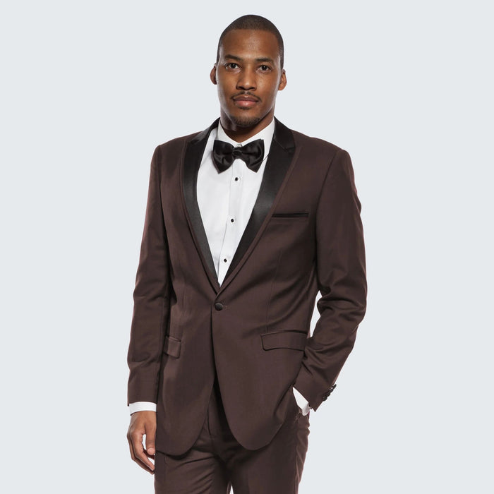 Mens Chocolate Brown Tuxedo with Black Satin Peak Lapel â€“ Formal Wedding and Prom Suit