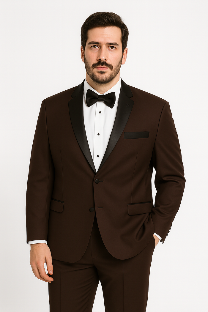 Mens Chocolate Brown Tuxedo with Black Satin Peak Lapel â€“ Formal Wedding and Prom Suit