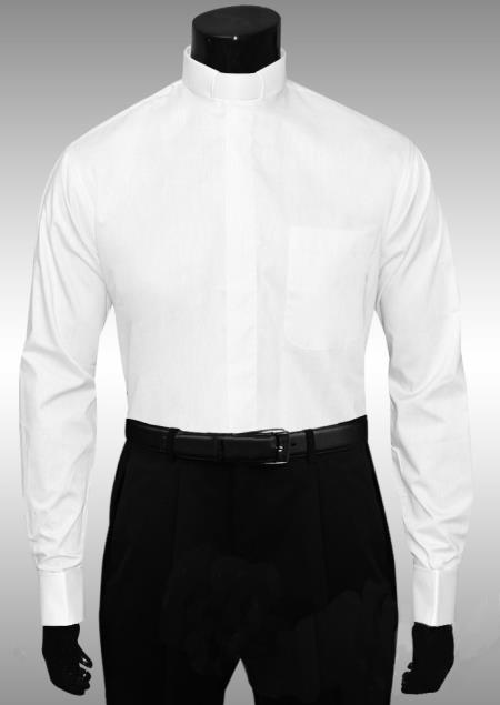 NTDS3007R Best Cheap Priced Designer Sale White Clergy Tab Collarless French Cuff Men's Shirt - Medium 15.5' Neck/32-33' Sleeve