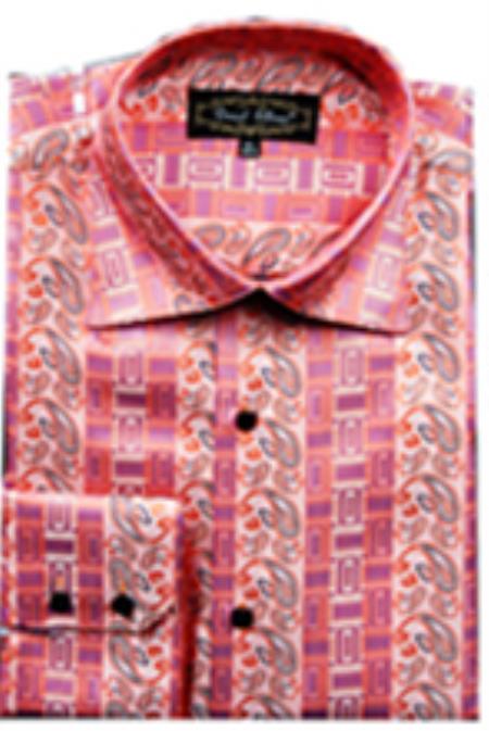 Men's Fancy Shirts CORAL (100% Polyester) Flashy Shiny Satin Silky Touch Salmon ~ Melon ~ Peachish Pinkish Color - M Or Medium