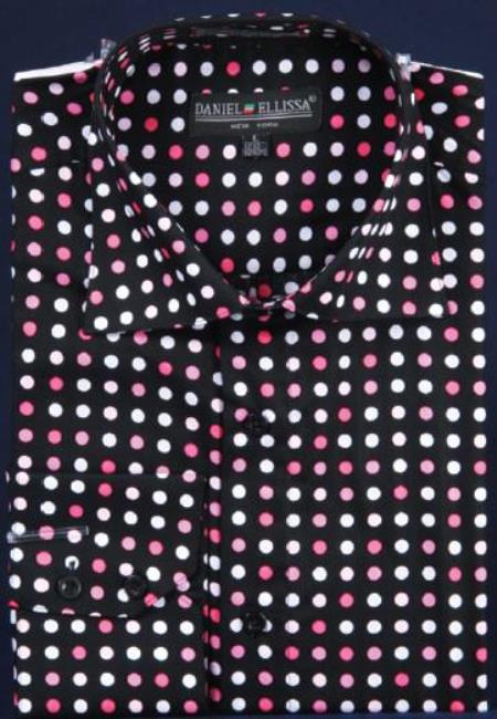 Dotted Fancy 100% Cotton Dress Fashion Shirt With Button Cuff Black / Fuschia Men's Dress Shirt - M Or Medium