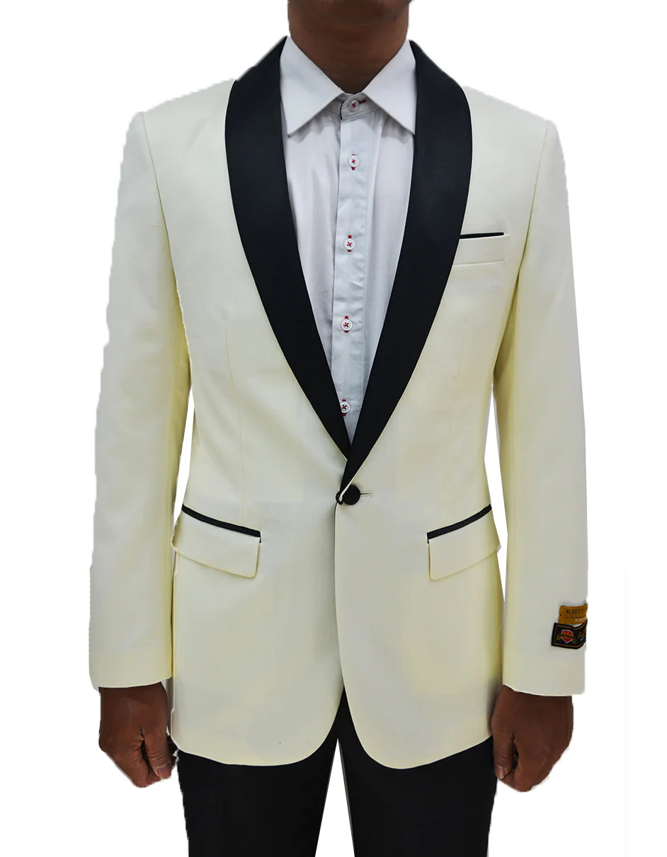 "Mens Suit One Button Contrast Shawl Collar Dinner Jacket Ivory & Black"