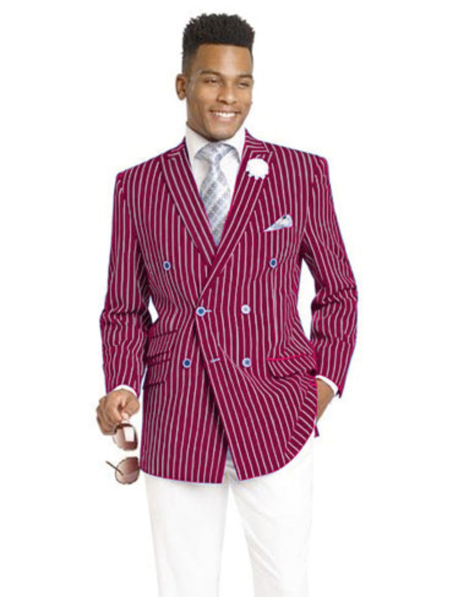 Mens Double Breasted Blazer in Color Burgundy - Pinstripe Sportcoat - 36 Short