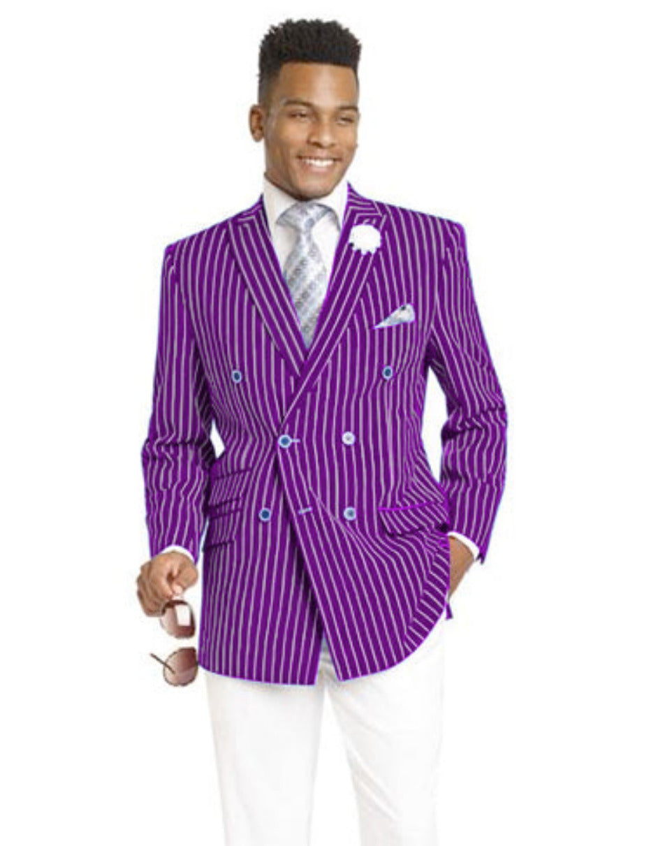 Mens Double Breasted Blazer in Color Purple - Pinstripe Sportcoat - 36 Short