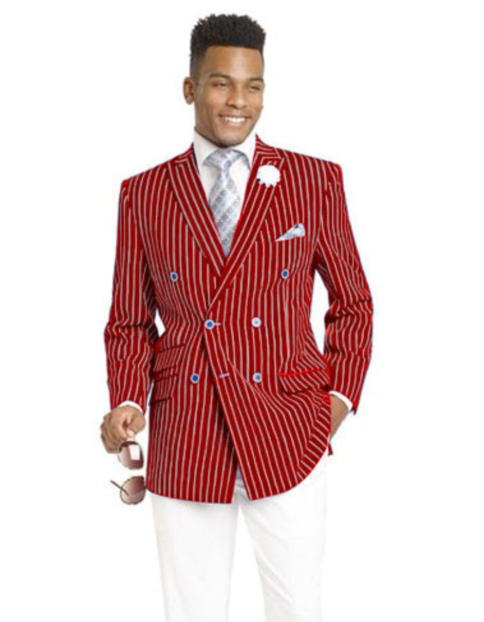Mens Double Breasted Blazer in Color Red - Pinstripe Sportcoat - 44 Long