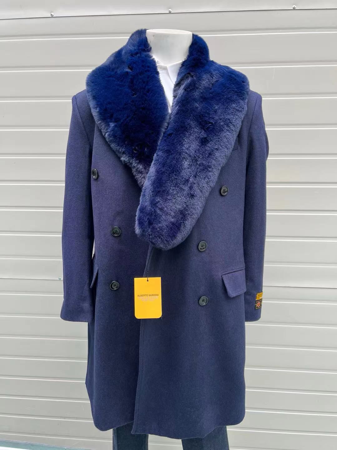 Mens Double-Breasted Navy Overcoat with Plush Blue Faux Fur Collar â€“ Alberto Nardoni Winter Coat - Coat Size 38