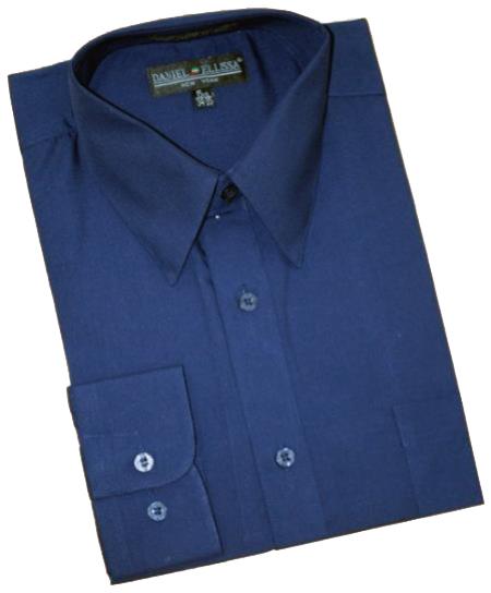 Navy Blue Cotton Blend Convertible Cuffs Men's Dress Shirt