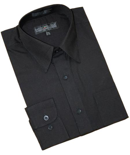 Solid Black Cotton Blend Dress Shirt With Convertible Cuffs Men's Dress Shirt