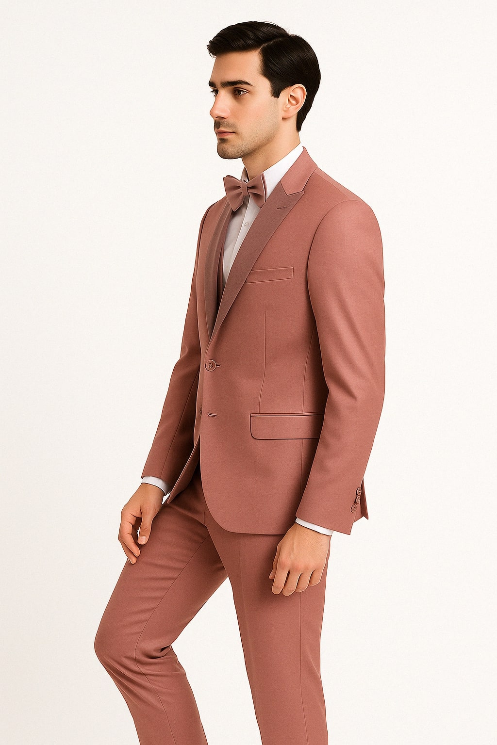 Mens Dusty Pink Three-Piece Slim Fit Tuxedo with Contrast Satin Lapel and Bow Tie - 34 Short or Extra Small
