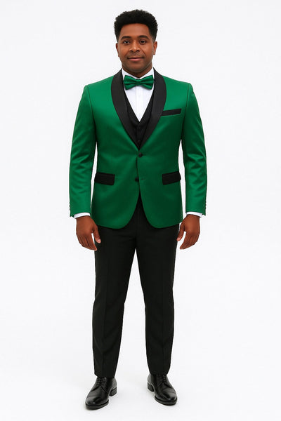 Mens Emerald Green Satin Tuxedo with Black Peak Lapel and Bow Tie Formal Slim Fit Suit