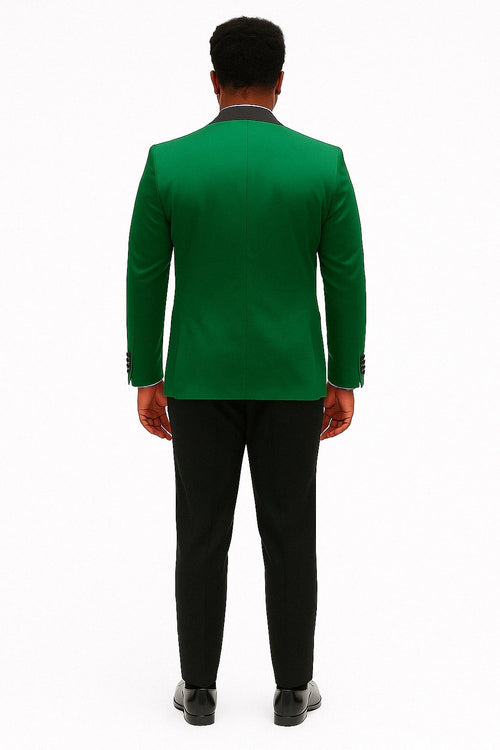 Mens Emerald Green Satin Tuxedo with Black Peak Lapel and Bow Tie Formal Slim Fit Suit