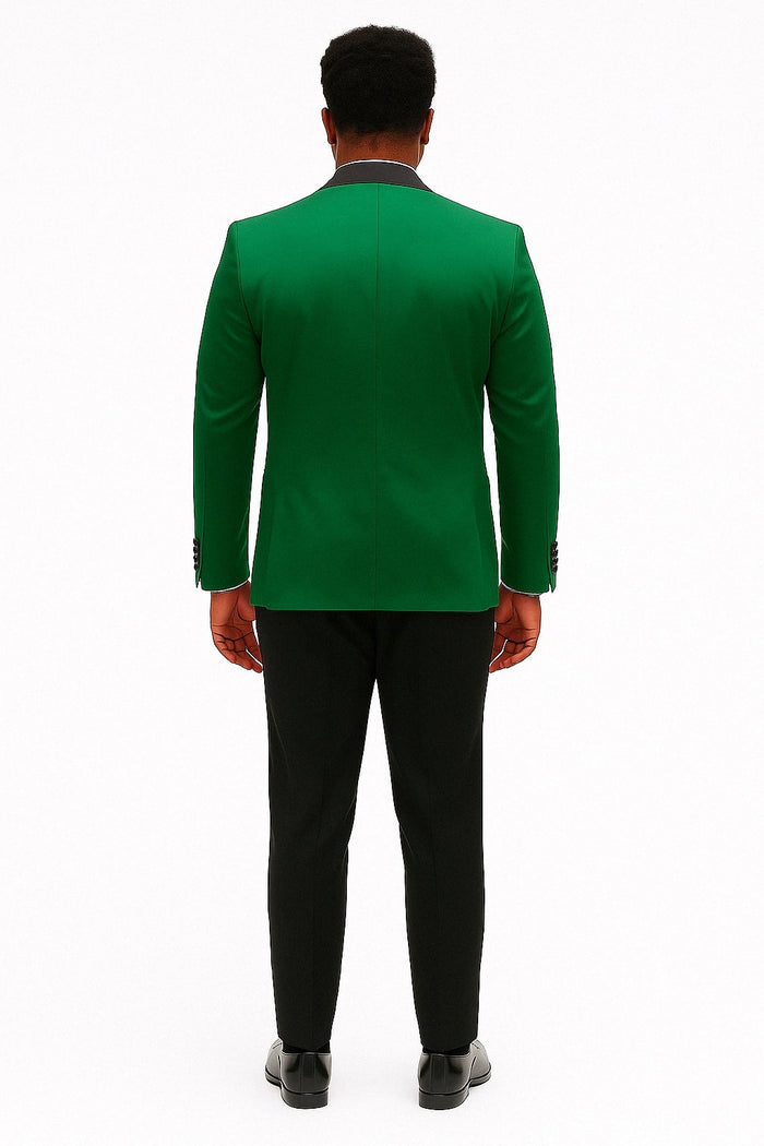 Mens Emerald Green Satin Tuxedo with Black Peak Lapel and Bow Tie Formal Slim Fit Suit