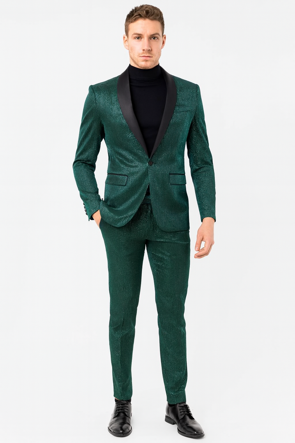 Mens Emerald Green Shiny Stripe Tuxedo Suit – Slim Fit 2-Piece Satin Lapel Dinner Jacket and Pants Ultra slim fit - 34 Short or Extra Small