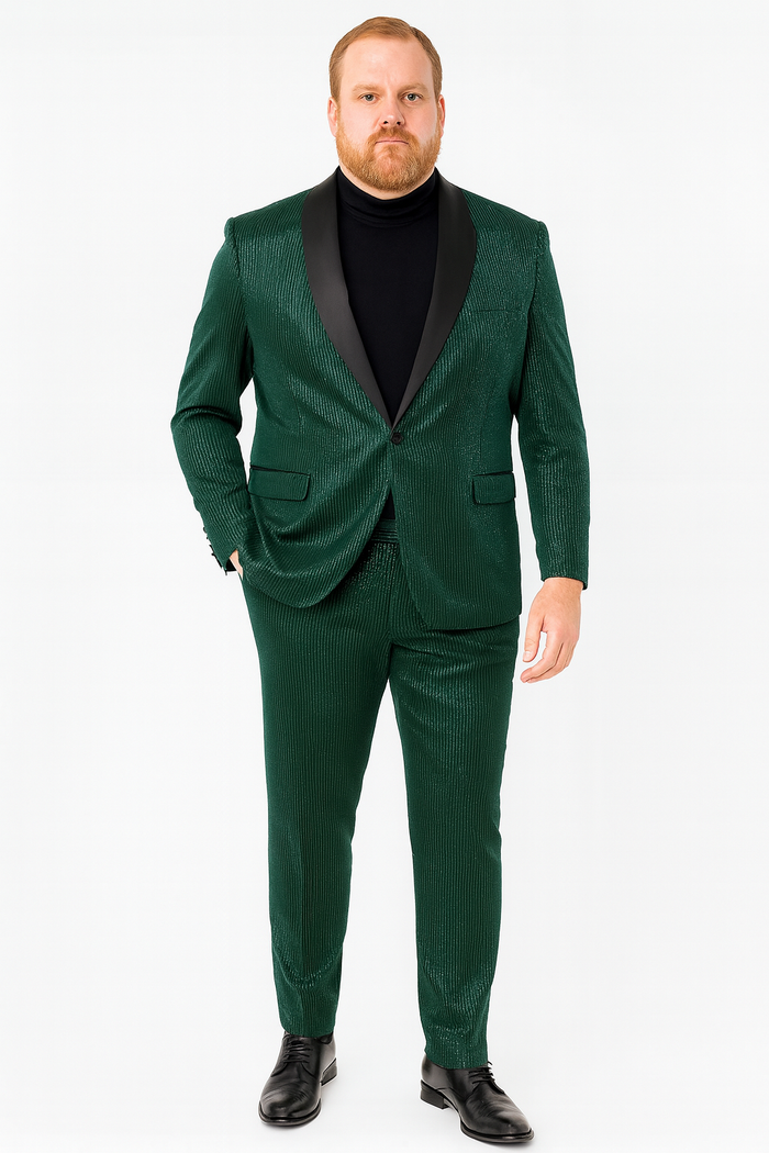 Mens Emerald Green Shiny Stripe Tuxedo Suit â€“ Slim Fit 2-Piece Satin Lapel Dinner Jacket and Pants Ultra slim fit