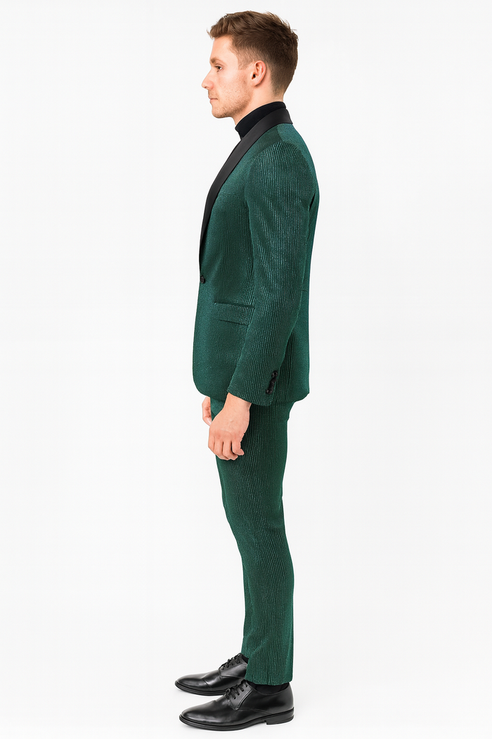 Mens Emerald Green Shiny Stripe Tuxedo Suit â€“ Slim Fit 2-Piece Satin Lapel Dinner Jacket and Pants Ultra slim fit
