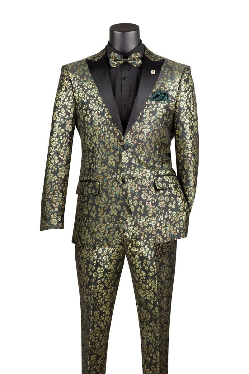 Emerald Green and Gold Floral Tuxedo Suit for Men Perfect Prom or Wedding Suit - 38 Long + 32 Waist(Adjust 2" Large and amp 4")