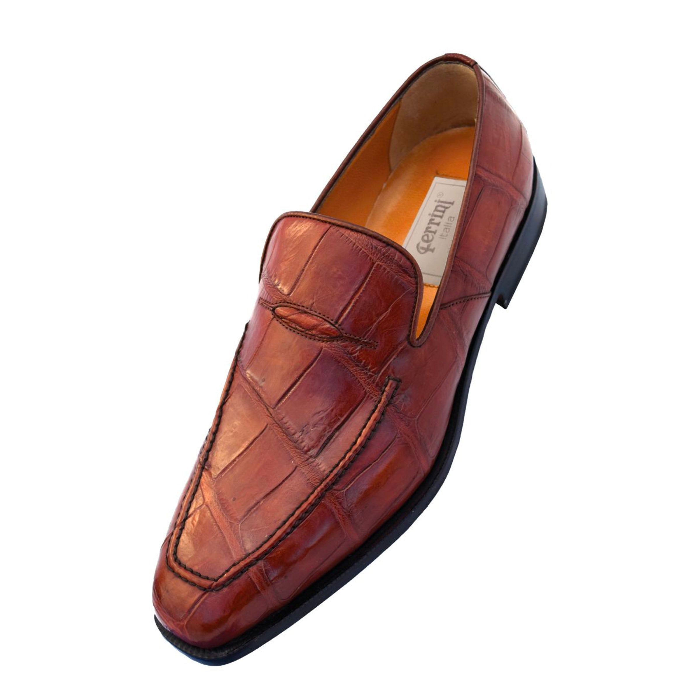 Mens Ferrini Crocodile Penny Loafer Dress Shoe in Cognac - 8