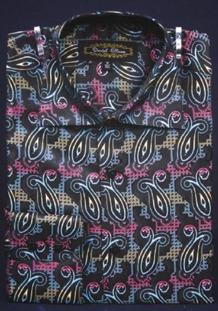 Multi-Color Thick Collared Cuffs Fancy Polyester Dress Shirt - M Or Medium