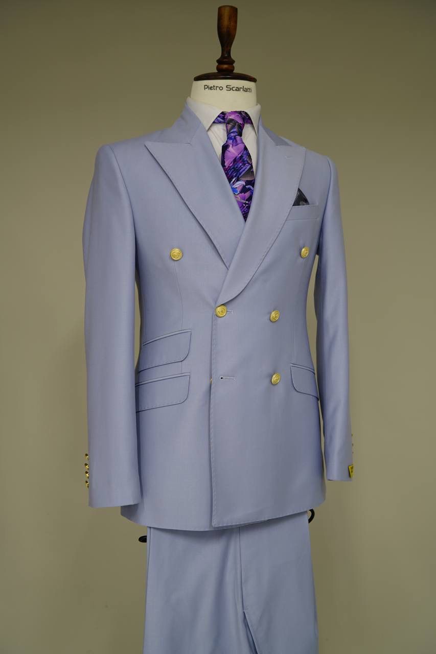 Mens Light Blue Double-Breasted Suit with Gold Buttons – Slim Fit 2-Piece Formal Set in Sky Blue Color - 34 Short or Extra Small