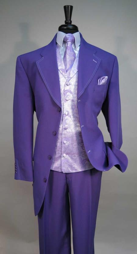 Mens Zoot Suit Mens Four Button Vested Suit Jacket With Fashionable Vest With Matching Tie And Hankie Purple - 52 Long