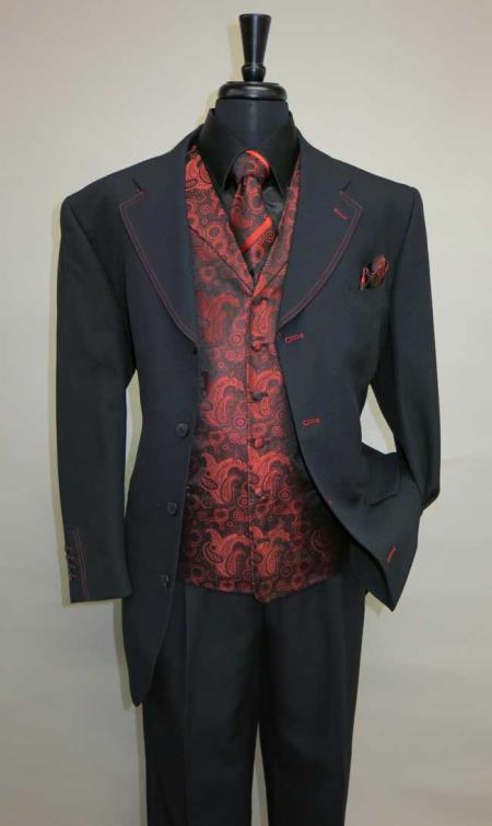 Mens Three Piece Suit - Vested Suit Mens Black/Red Jacket With Bold Vest with matching Tie and Hankie - 52 Long