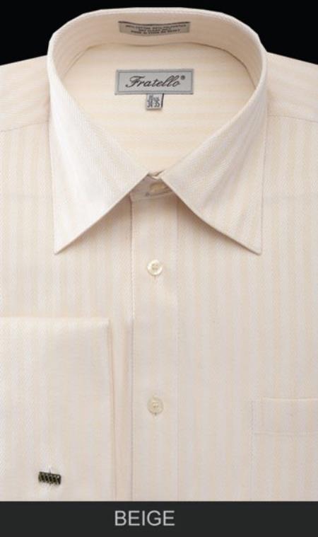 Fratello French Cuff Beige - Herringbone Tweed Stripe Big And Tall Sizes 18 19 20 21 22 Inch Neck Men's Dress Shirt
