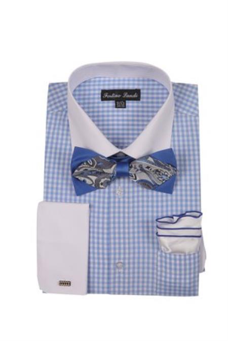 White Collared Contrast Blue Men's French Cuff Checks Shirt With High Fashion Bowtie And Handkerchief White Collar Two Toned Contrast