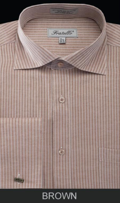 Men's Brown Classic Type Stripe French Cuff Dress Shirt - Striped Dres