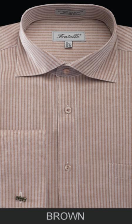 Men's Brown Classic Type Stripe French Cuff Dress Shirt - Striped Dress Shirt - Mens Pinstripe Dress Shirt