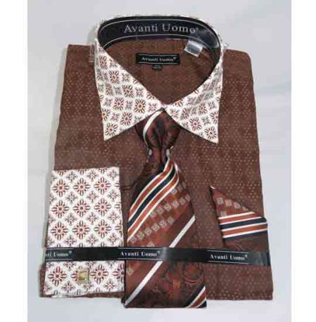 Bird Pattern Brown French Cuff With Contrasting Collar Men's Dress Shirt - 15.5 Neck / 34-35 sleeve