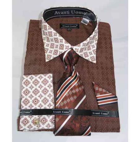 Bird Pattern Brown French Cuff With Contrasting Collar Men's Dress Shirt