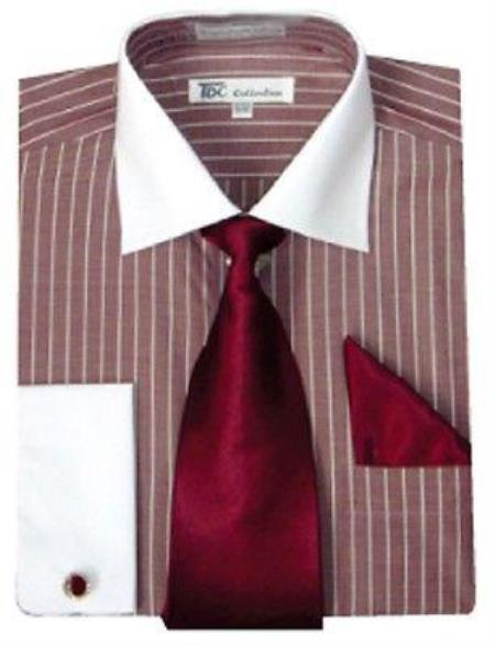 Large Burgundy ~ Wine ~ Maroon Stylish Men's White Collar With Tie ~ Two Toned Contrast French Cuff Striped Men's Dress Shirt