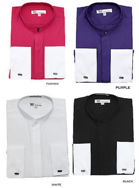 Stylish Preacher Round Style Fashionable Classic French Cuff Mandarin Collarless Men's Dress Shirt - Medium 15.5” Neck / 34-35” Sleeve