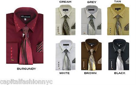 French Cuff + Tie + Handkerchief Men's Dress Shirt With Tie - 22.5"Neck /36-37"Sleeve