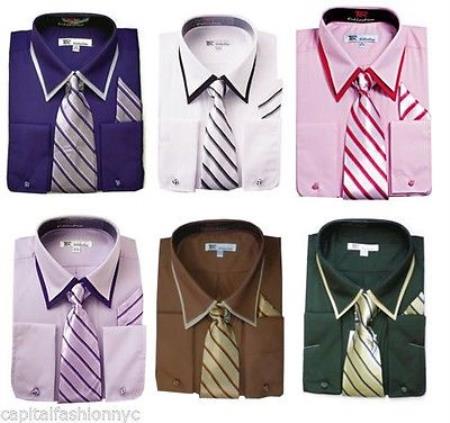 Classic French Cuff With Tie And Handkerchief Style Multi-Color Men's Dress Shirt With Tie - Small 14.5" Neck / 32-33" Sleeve