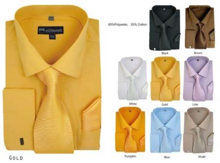 Solid French Cuff Matching Tie+Handkerchief Style Multi-Color Men's Dress Shirt - Medium 15.5” Neck / 34-35” Sleeve