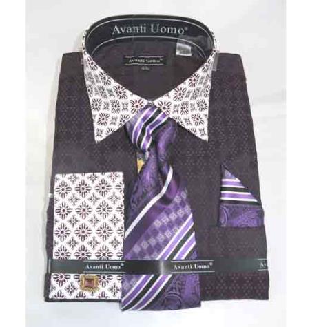 French Cuff Bird Pattern With Contrasting Collar Purple Men's Dress Shirt - 15.5 Neck / 34-35 sleeve