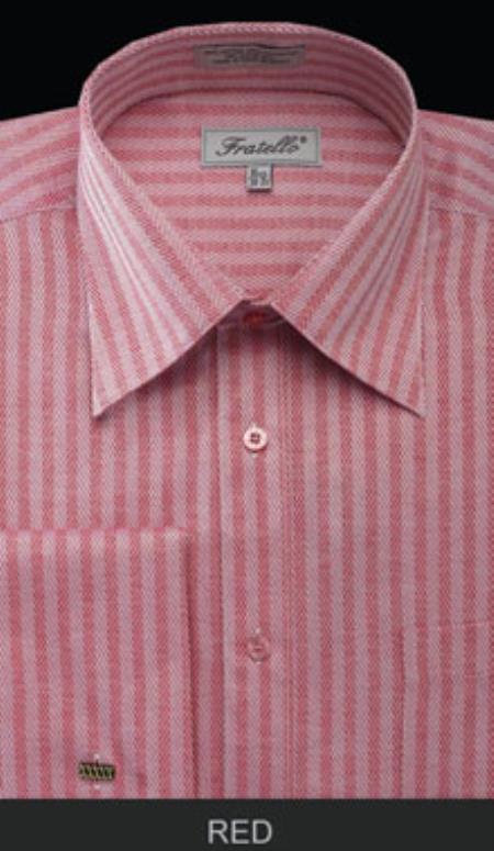 Fratello French Cuff Red - Herringbone Tweed Stripe Big And Tall Sizes 18 19 20 21 22 Inch Neck Men's Dress Shirt