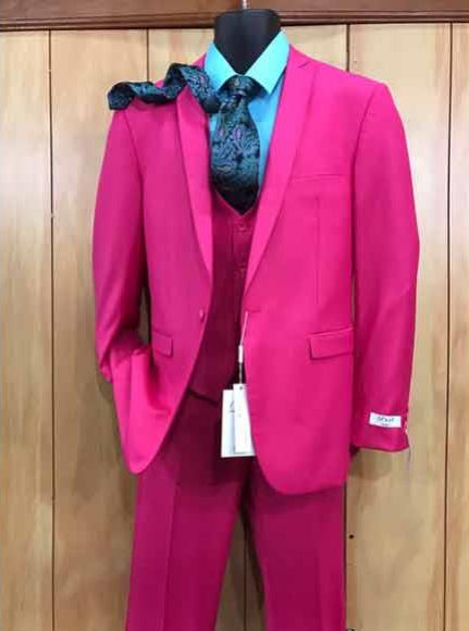Men's Fuchsia Hot Pink Color 2 Buttons Suit Vested Slim Fit Suit - 58R