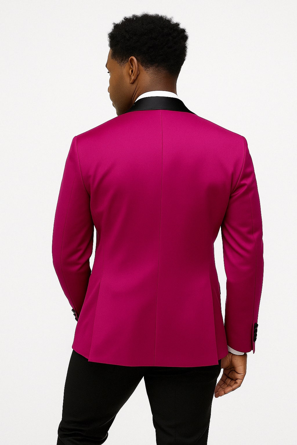 Mens Fuchsia Pink Satin Tuxedo Jacket with Black Peak Lapel â€“ Bold Slim Fit Formal Suit - 34 Short or Extra Small
