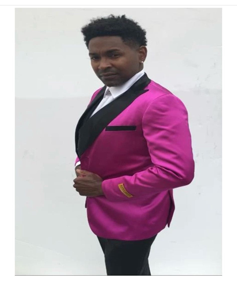 Mens Fuchsia Pink Satin Tuxedo Jacket with Black Peak Lapel â€“ Bold Slim Fit Formal Suit - 34 Short or Extra Small