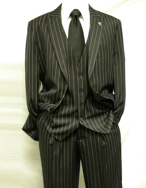 Men’s Black 2 Button Gangster Pinstripe Suit, Striped Pattern Homecoming 3 Piece Dress Suit