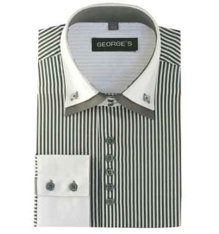 Gray Men's Long Sleeve Two Tone Striped White Collar Two Toned Contrast White Collared Contrast Men's Dress Shirt