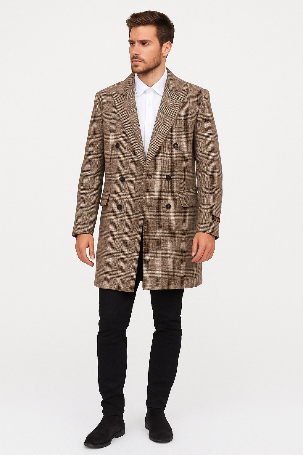 Mens Gray and Light Brown Glen Plaid Wool Overcoat – Double-Breasted Vintage Check Coat - Coat Size 38
