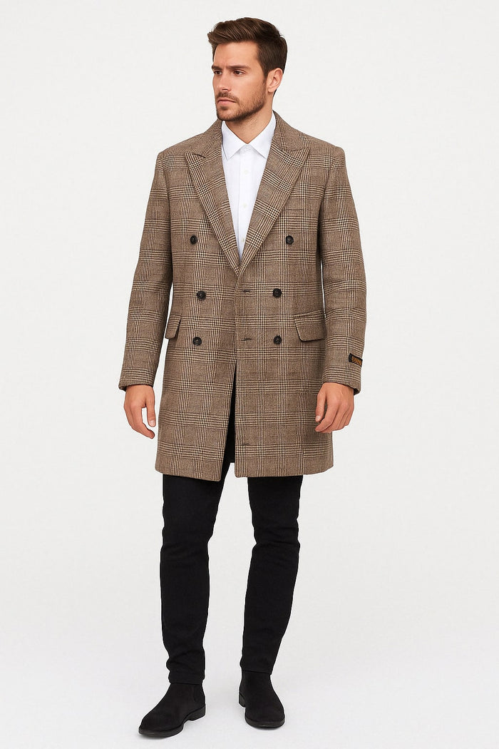 Mens Gray and Light Brown Glen Plaid Wool Overcoat Double-Breasted Vintage Check Coat