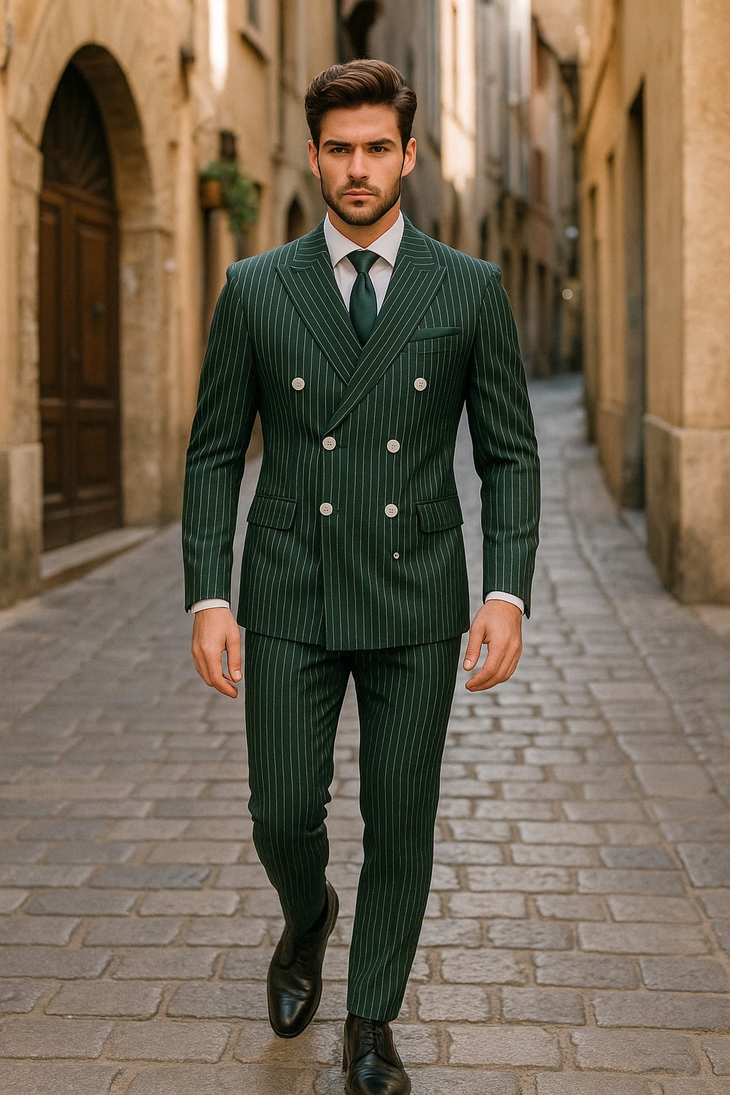 Mens Green Pinstripe Double-Breasted Suit – Slim Fit 2 Piece Formal Business Suit with Peak Lapel 1920s Gangster Pinstripe - 34 Short or Extra Small