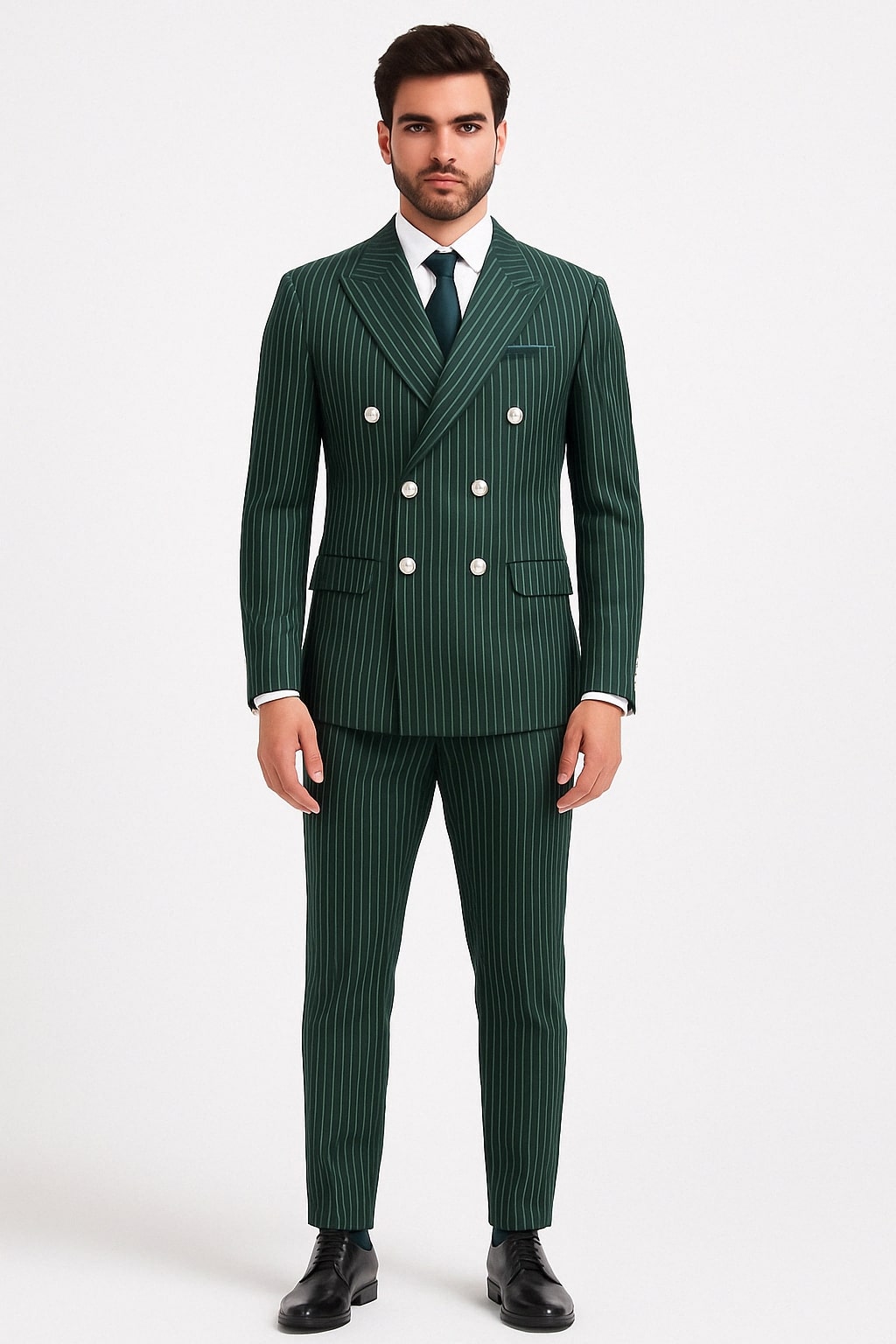 Mens Green Pinstripe Double-Breasted Suit – Slim Fit 2 Piece Formal Business Suit with Peak Lapel 1920s Gangster Pinstripe - 34 Short or Extra Small