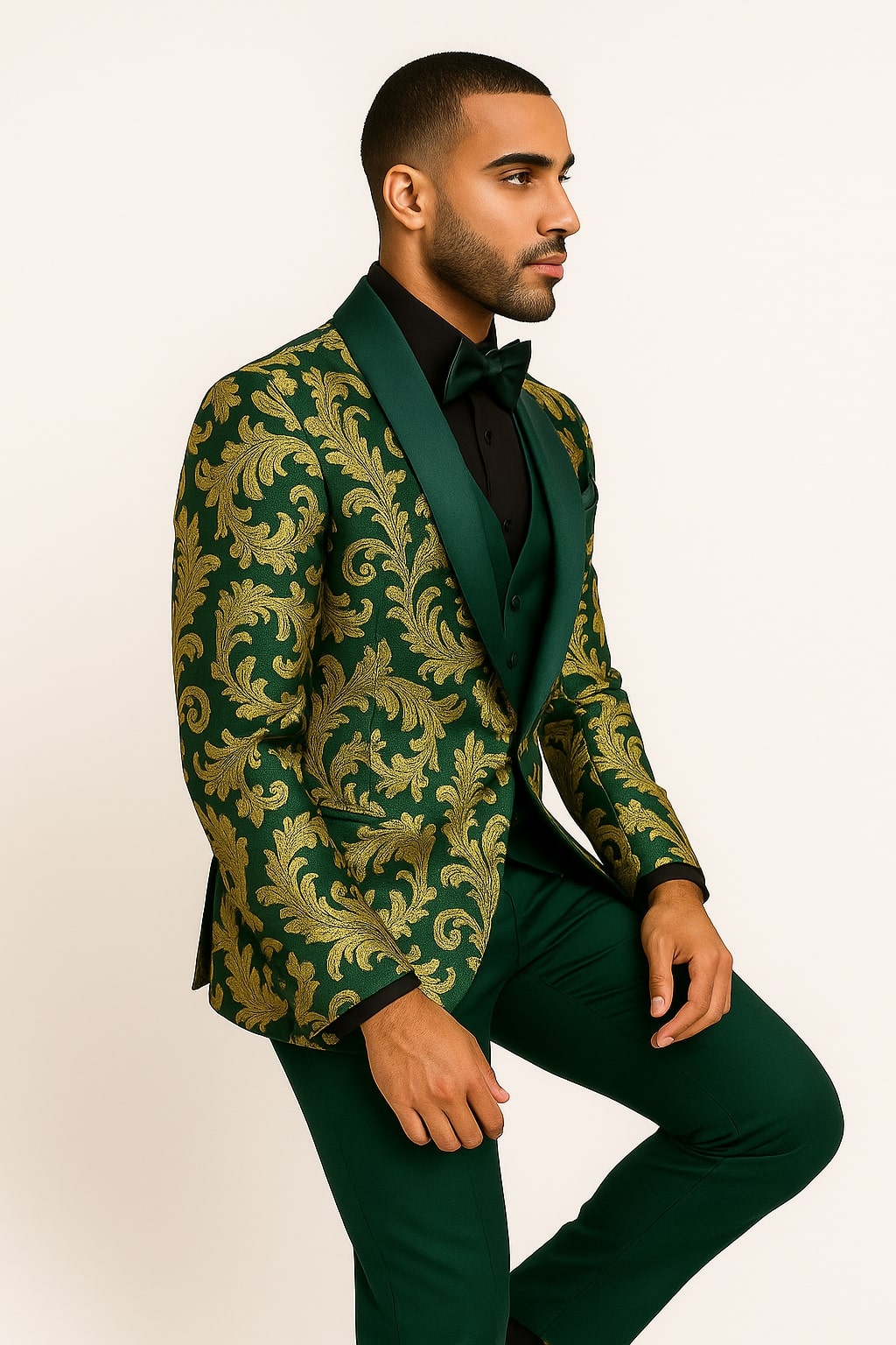 Mens Green and Gold Embroidered Tuxedo – 3-Piece Prom Suit - 34 Short or Extra Small